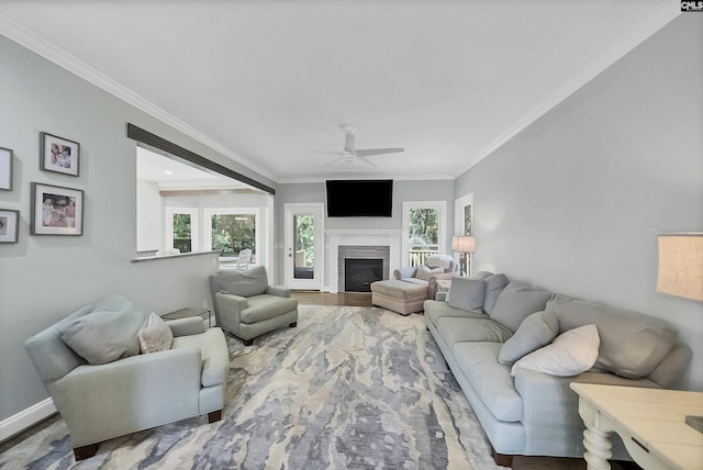315 Poindexter Ln, Lexington, SC 29072 - living room with crown molding, ceiling fan, wood finished floors, a glass covered fireplace, and baseboards
