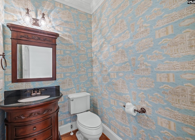 104 Eastshore Dr, Lexington, SC 29072 - bathroom with toilet, vanity, baseboards, ornamental molding, and wallpapered walls