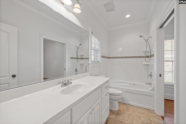 104 Eastshore Dr, Lexington, SC 29072 - full bath with toilet, vanity, washtub / shower combination, ornamental molding, and healthy amount of natural light