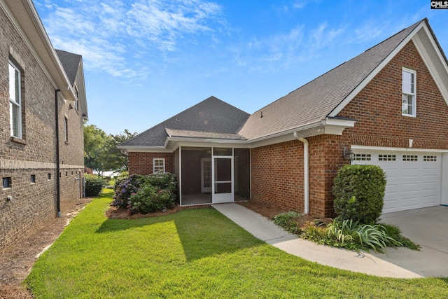 104 Eastshore Dr, Lexington, SC 29072 - rear view of property featuring brick siding, a sunroom, roof with shingles, and a lawn