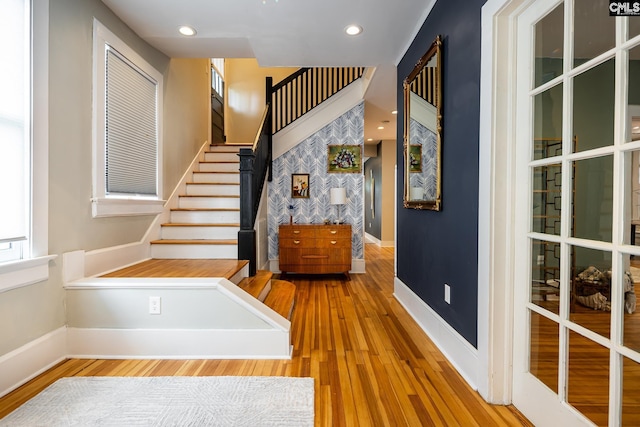 2808 River Dr, Columbia, SC 29201 - stairs featuring baseboards, wood finished floors, and recessed lighting
