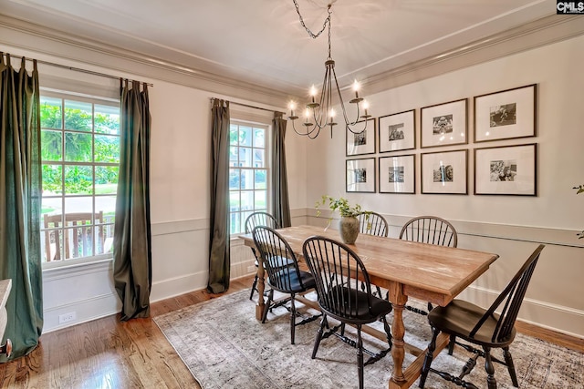 205 Weeping Cherry Ln, Columbia, SC 29212 - dining space featuring a chandelier, crown molding, wood finished floors, baseboards, and wainscoting