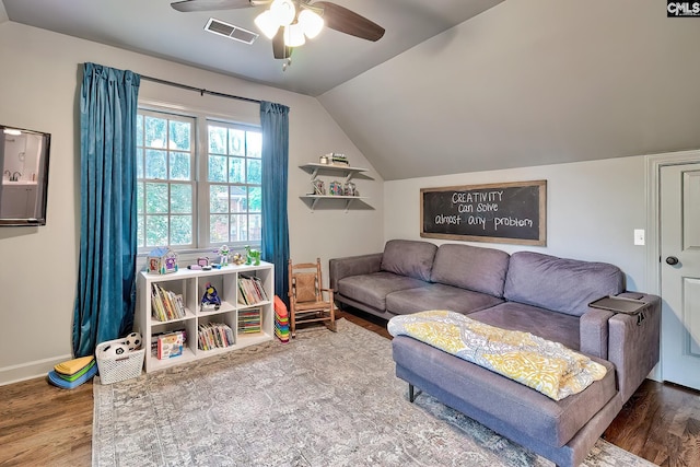 205 Weeping Cherry Ln, Columbia, SC 29212 - living area featuring a ceiling fan, wood finished floors, lofted ceiling, and baseboards
