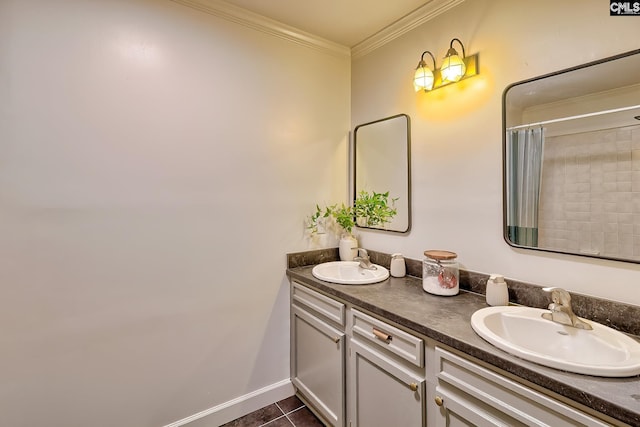 205 Weeping Cherry Ln, Columbia, SC 29212 - full bath featuring double vanity, crown molding, tile patterned flooring, curtained shower, and baseboards
