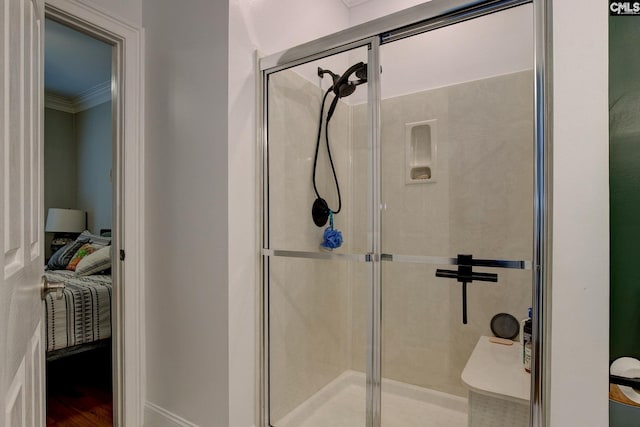 108 Shallow Brook Dr, Columbia, SC 29223 - bathroom featuring a stall shower and ornamental molding