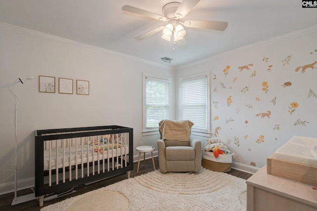 108 Shallow Brook Dr, Columbia, SC 29223 - bedroom with wood finished floors, a nursery area, baseboards, ornamental molding, and ceiling fan