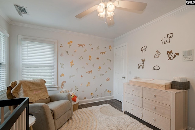 108 Shallow Brook Dr, Columbia, SC 29223 - bedroom with dark wood-type flooring, baseboards, ornamental molding, and a ceiling fan