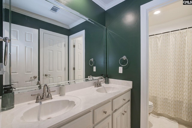 108 Shallow Brook Dr, Columbia, SC 29223 - full bath with toilet, double vanity, ornamental molding, and curtained shower
