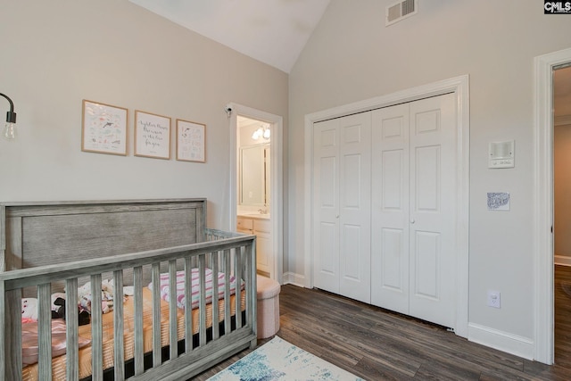 108 Shallow Brook Dr, Columbia, SC 29223 - bedroom featuring lofted ceiling, dark wood-style flooring, a closet, and baseboards