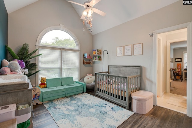 108 Shallow Brook Dr, Columbia, SC 29223 - bedroom with high vaulted ceiling, wood finished floors, and a ceiling fan