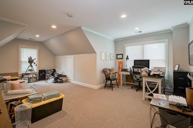 108 Shallow Brook Dr, Columbia, SC 29223 - carpeted home office featuring crown molding, recessed lighting, baseboards, and vaulted ceiling