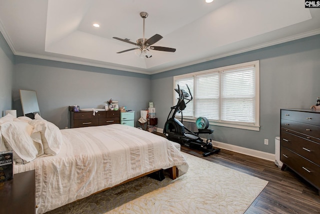 108 Shallow Brook Dr, Columbia, SC 29223 - bedroom featuring a tray ceiling, dark wood finished floors, recessed lighting, ornamental molding, and baseboards