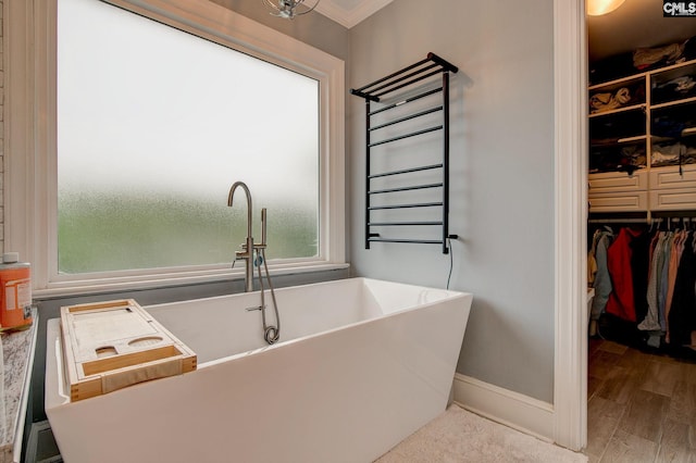 108 Shallow Brook Dr, Columbia, SC 29223 - full bath with radiator, a freestanding bath, baseboards, wood finished floors, and a walk in closet