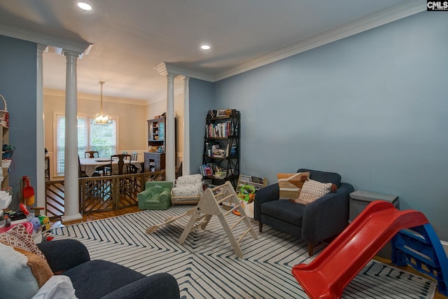 108 Shallow Brook Dr, Columbia, SC 29223 - living area featuring ornate columns, crown molding, a chandelier, and recessed lighting