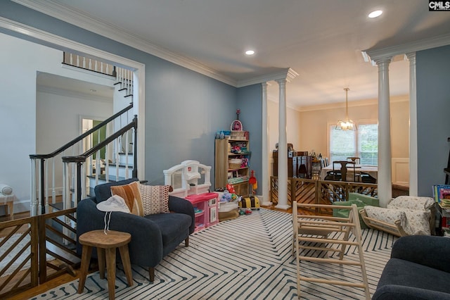 108 Shallow Brook Dr, Columbia, SC 29223 - living room with decorative columns, stairs, ornamental molding, and recessed lighting