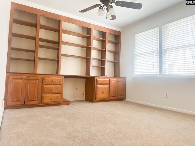 112 Valhalla Dr, Columbia, SC 29229 - unfurnished office with ornamental molding, light carpet, ceiling fan, baseboards, and built in desk