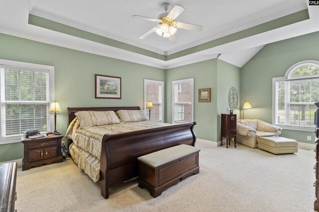 6 Hunting Glen Ct, Irmo, SC 29063 - bedroom featuring ornamental molding, light carpet, a raised ceiling, baseboards, and a ceiling fan