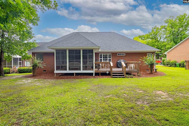 6 Hunting Glen Ct, Irmo, SC 29063 - rear view of house featuring brick siding, a sunroom, a shingled roof, and a deck