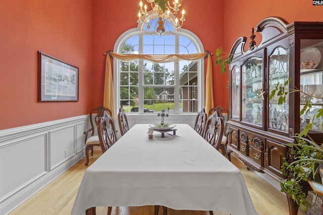 6 Hunting Glen Ct, Irmo, SC 29063 - dining area featuring a chandelier, wood finished floors, wainscoting, and a decorative wall