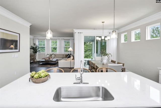 2451 Thode Ln, Lexington, SC 29072 - kitchen featuring a sink, decorative light fixtures, crown molding, light countertops, and a chandelier