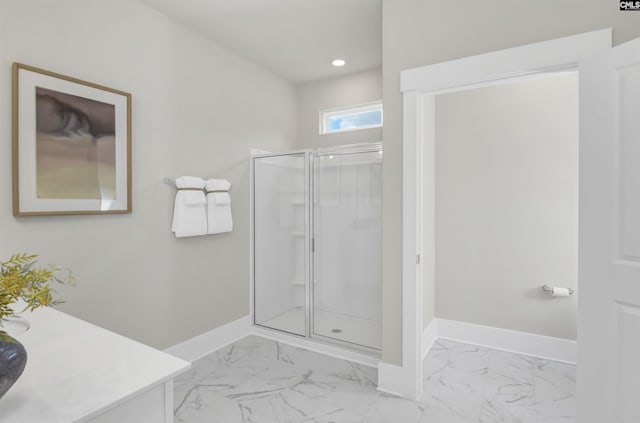 2451 Thode Ln, Lexington, SC 29072 - full bathroom featuring marble look tiles, baseboards, a stall shower, vanity, and recessed lighting
