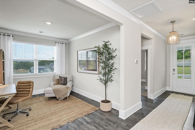 2451 Thode Ln, Lexington, SC 29072 - entryway featuring crown molding, dark wood finished floors, plenty of natural light, and baseboards