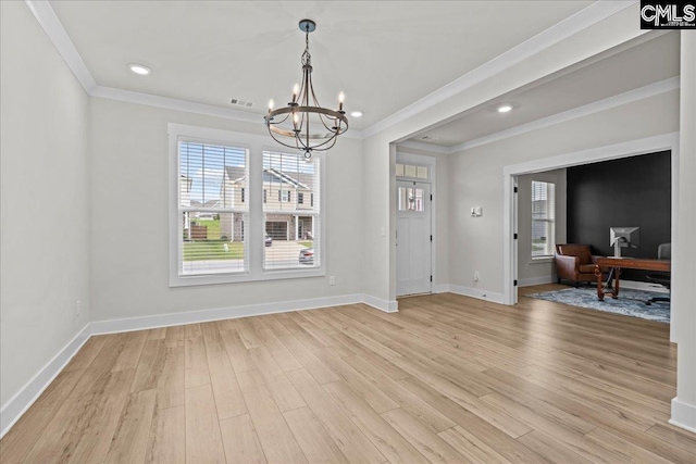 521 Fenwick Dr, Woodruff, SC 29388 - unfurnished dining area with ornamental molding, a chandelier, light wood-style flooring, baseboards, and recessed lighting