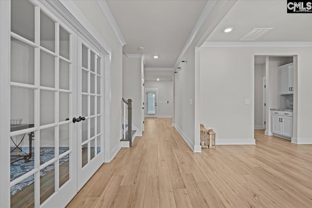 521 Fenwick Dr, Woodruff, SC 29388 - hall featuring ornamental molding, french doors, light wood-type flooring, baseboards, and recessed lighting