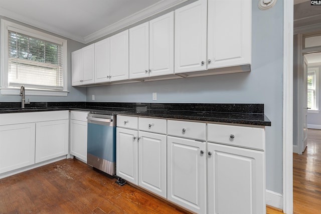 3407 River Dr Unit D, Columbia, SC 29201 - kitchen featuring stainless steel dishwasher, a sink, dark wood-style flooring, white cabinetry, and crown molding