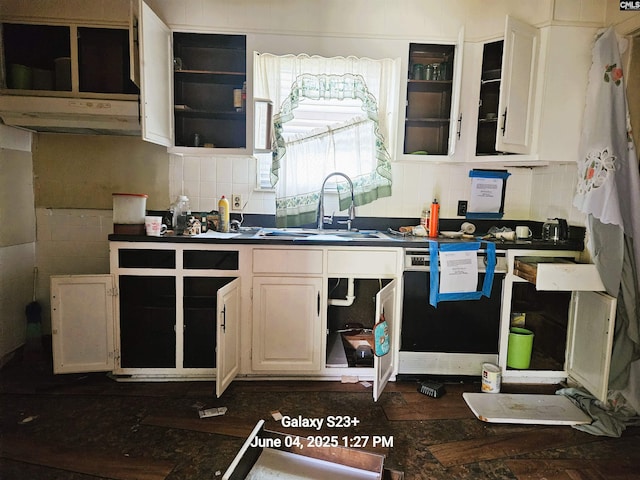 177 Newcastle Dr, Columbia, SC 29223 - kitchen featuring a sink, dark countertops, decorative backsplash, glass insert cabinets, and white cabinetry