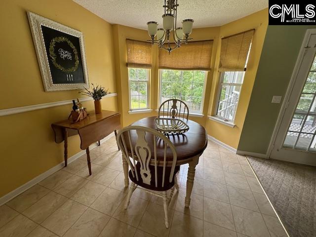 12 Beech Branch Ct, Irmo, SC 29063 - tiled dining room with a textured ceiling, plenty of natural light, a chandelier, and baseboards
