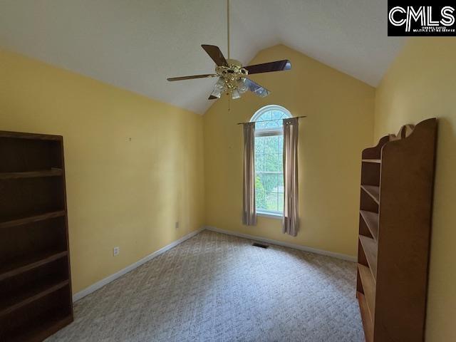 12 Beech Branch Ct, Irmo, SC 29063 - unfurnished bedroom with vaulted ceiling, carpet flooring, baseboards, and a ceiling fan