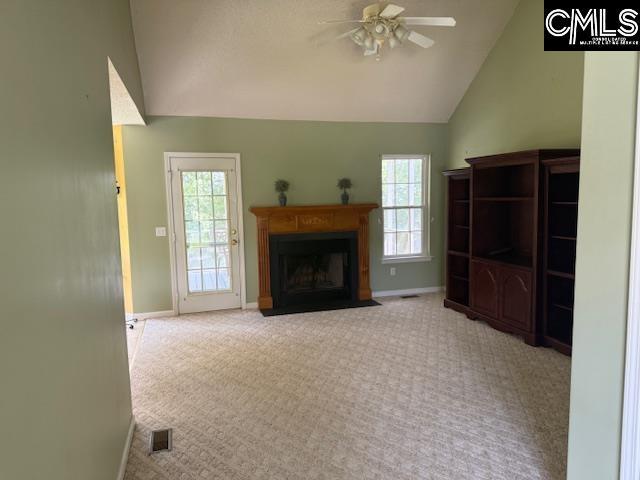 12 Beech Branch Ct, Irmo, SC 29063 - unfurnished living room with a ceiling fan, lofted ceiling, carpet flooring, plenty of natural light, and baseboards