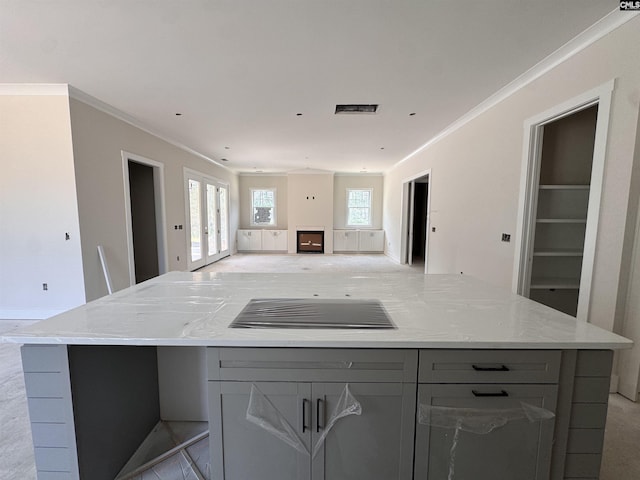 147 Harborside Cir, Columbia, SC 29229 - kitchen featuring gray cabinetry, ornamental molding, a spacious island, open floor plan, and light stone counters