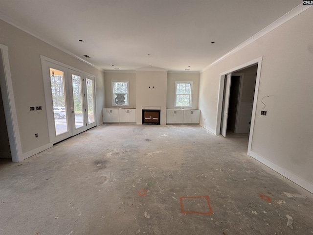 147 Harborside Cir, Columbia, SC 29229 - unfurnished living room featuring crown molding, french doors, baseboards, and a fireplace