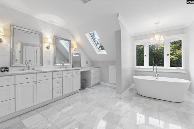 415 Pine St, Camden, SC 29020 - full bath with double vanity, a skylight, healthy amount of natural light, a freestanding bath, and crown molding
