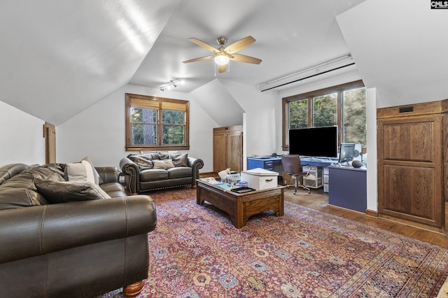 415 Pine St, Camden, SC 29020 - living area with a ceiling fan, lofted ceiling, wood finished floors, and a desk