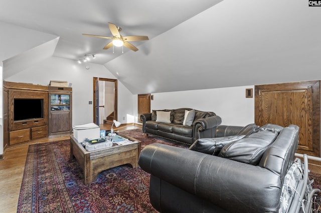 415 Pine St, Camden, SC 29020 - living area with wood finished floors, lofted ceiling, and ceiling fan