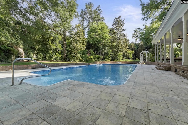 415 Pine St, Camden, SC 29020 - outdoor pool featuring a patio area, view of scattered trees, and ceiling fan