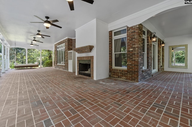 415 Pine St, Camden, SC 29020 - view of patio with an outdoor brick fireplace and ceiling fan