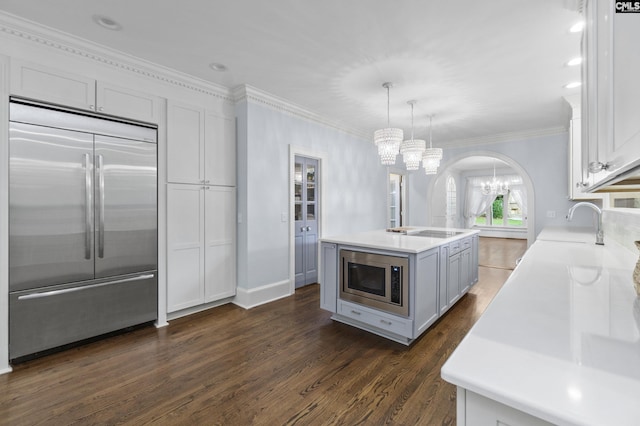 415 Pine St, Camden, SC 29020 - kitchen with built in appliances, a chandelier, ornamental molding, dark wood-style floors, and light countertops