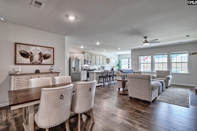 837 Marigold Ln, Lexington, SC 29072 - dining space featuring a ceiling fan, recessed lighting, dark wood finished floors, and baseboards