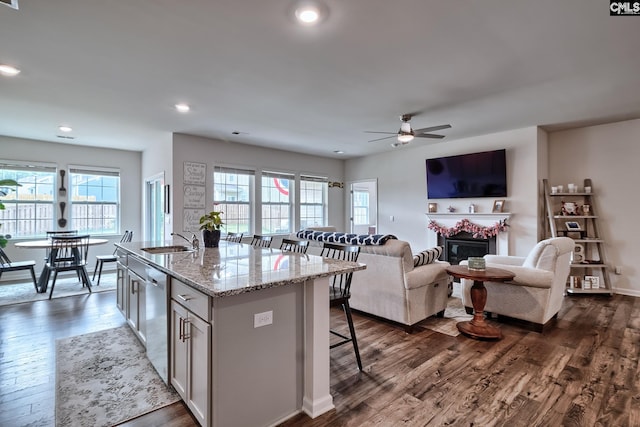 837 Marigold Ln, Lexington, SC 29072 - kitchen with a kitchen breakfast bar, dishwasher, dark wood-type flooring, a sink, and recessed lighting