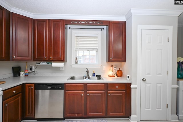 91 Loggerhead Dr, Columbia, SC 29229 - kitchen with stainless steel dishwasher, a sink, dark brown cabinets, light countertops, and ornamental molding