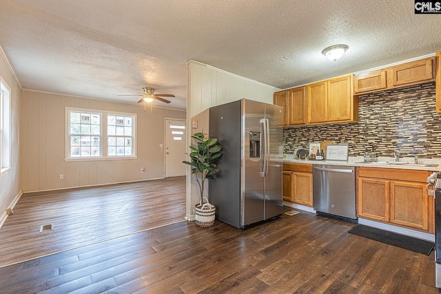 711 Parrish Dr, Mullins, SC 29574 - kitchen with appliances with stainless steel finishes, a ceiling fan, a textured ceiling, light countertops, and dark wood-style flooring