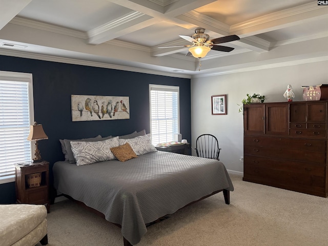 288 Links Crossing Dr, Blythewood, SC 29016 - bedroom featuring light colored carpet, beamed ceiling, coffered ceiling, ornamental molding, and a ceiling fan