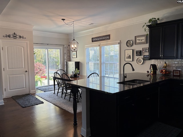 288 Links Crossing Dr, Blythewood, SC 29016 - kitchen featuring a sink, dark cabinets, dark wood-type flooring, dark stone counters, and crown molding