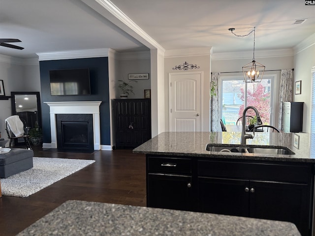 288 Links Crossing Dr, Blythewood, SC 29016 - kitchen with a sink, stone countertops, dark cabinets, a fireplace with flush hearth, and crown molding