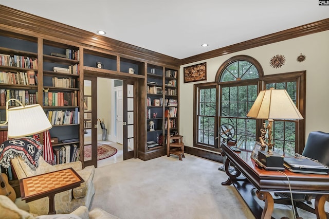 832 Longtown Rd, Blythewood, SC 29016 - home office with ornamental molding, built in shelves, recessed lighting, baseboards, and carpet