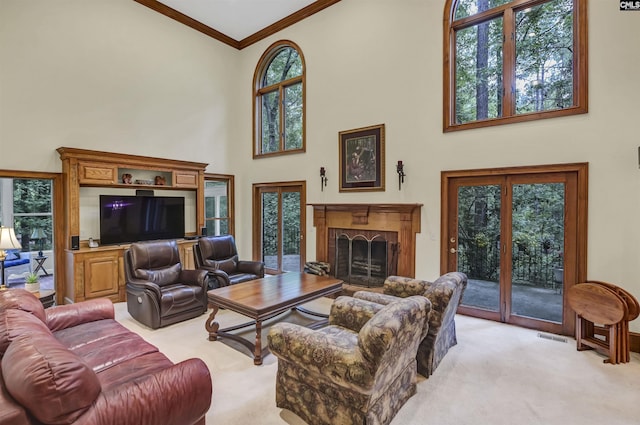 832 Longtown Rd, Blythewood, SC 29016 - living room featuring a high ceiling, light colored carpet, ornamental molding, and a fireplace